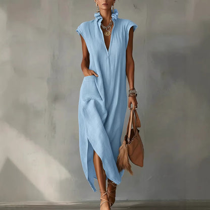 Ärmelloses, Einfarbiges Hemdkleid Im Baumwoll-Leinen-Stil Für Damen – Mittellang, Locker Geschnitten