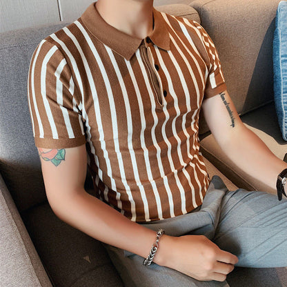 Herren Poloshirt Mit Breiten Streifen Und Kurzen Ärmeln, Hochelastisch
