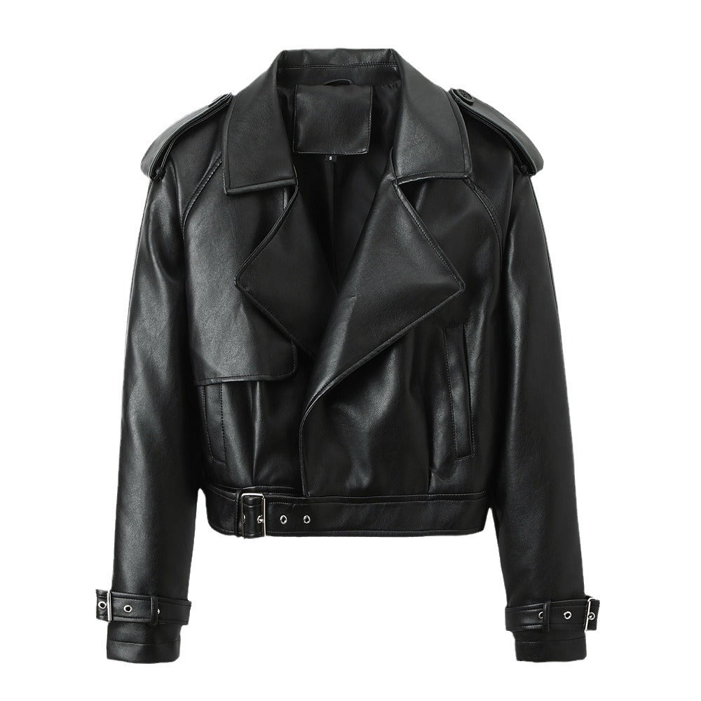 Damen-Jacke mit Gürtel und langen Ärmeln – Leder-Look Stil