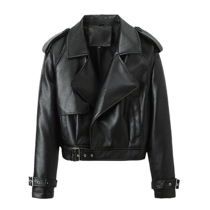 Damen-Jacke mit Gürtel und langen Ärmeln – Leder-Look Stil