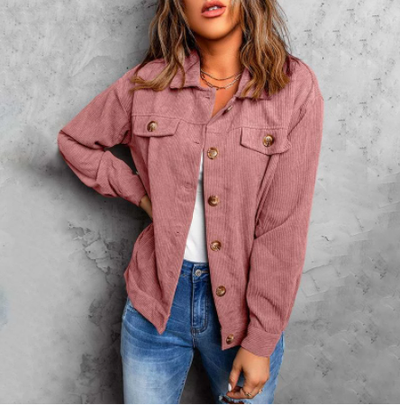 Women's corduroy shirt jacket with single-row button placket and long sleeves