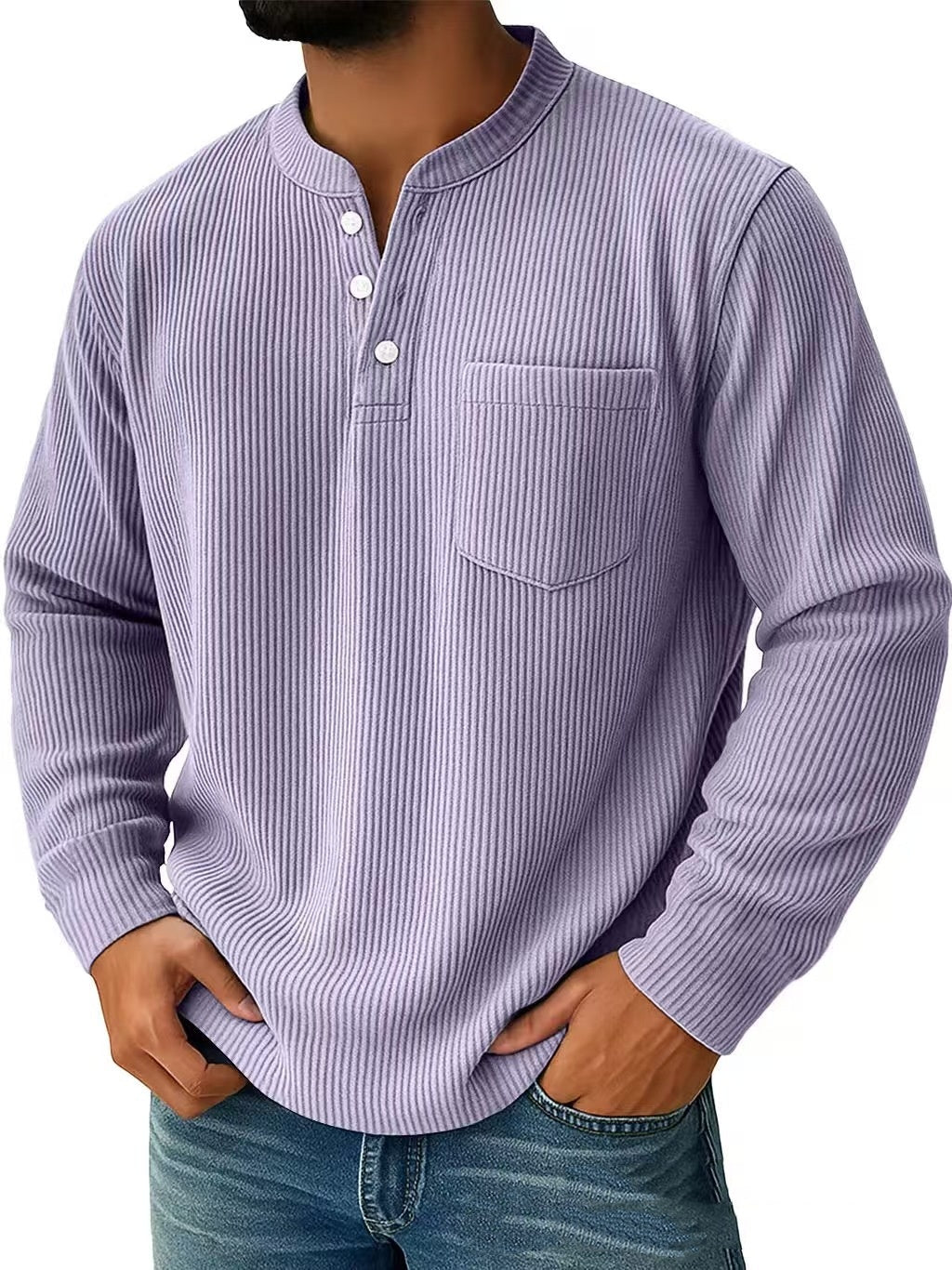 Herren Langarm Henley Shirt mit Drei Knopf Kragen – Strukturierte Oberfläche Normale Passform