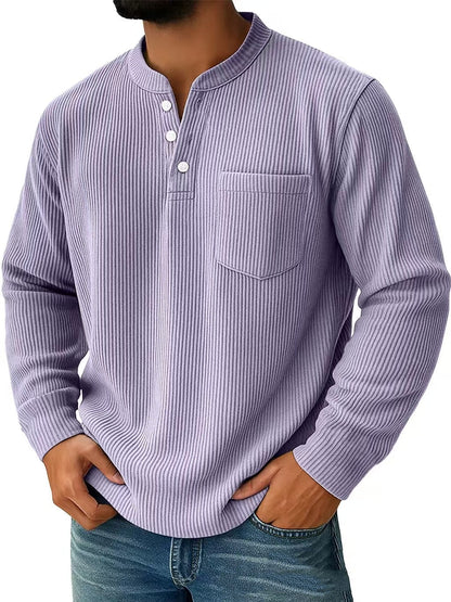 Herren Langarm Henley Shirt mit Drei Knopf Kragen – Strukturierte Oberfläche Normale Passform