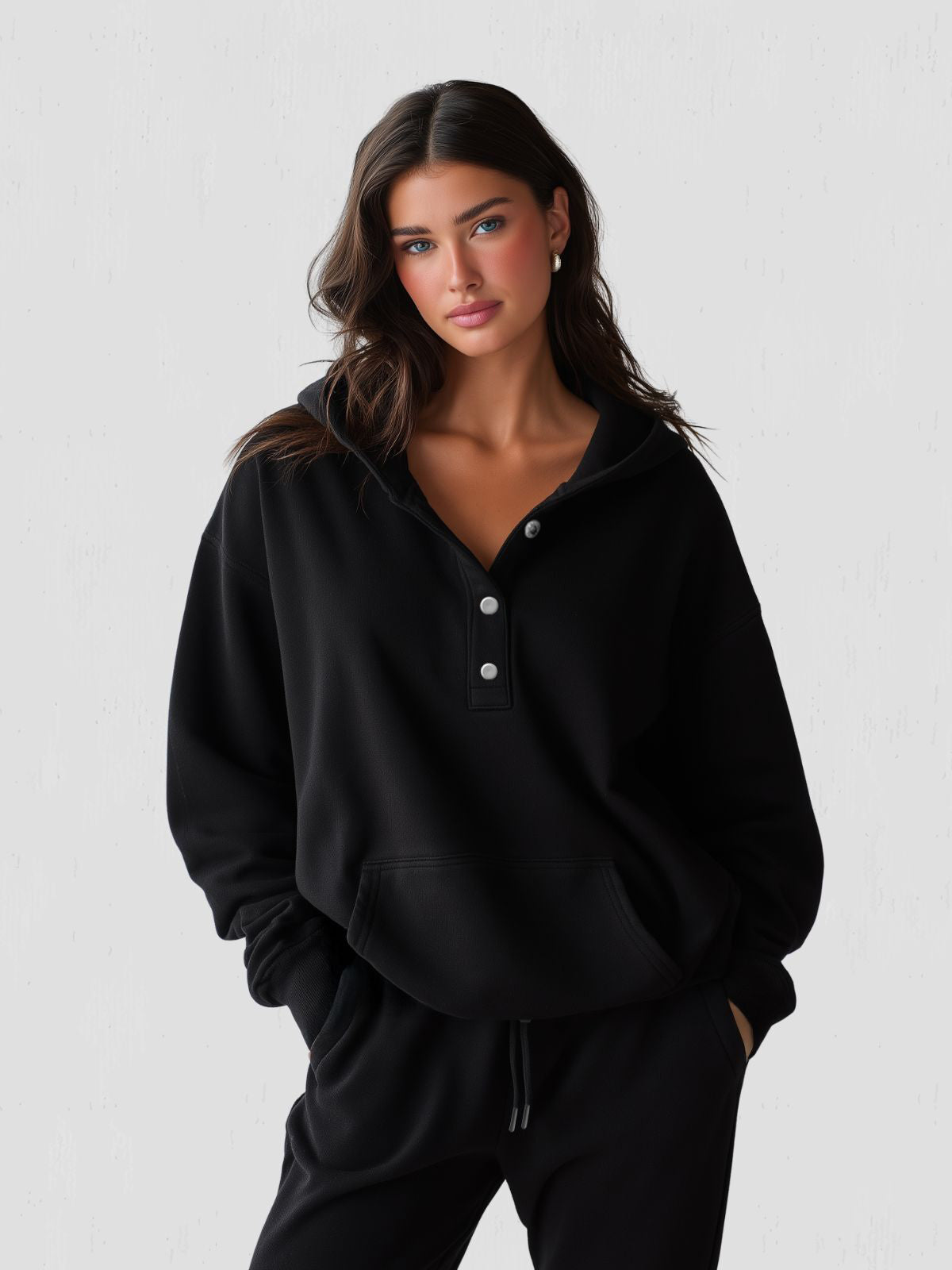 Women's Oversized Hoodie with Quarter Button Placket, Long Sleeves, Hood, Loose Fit