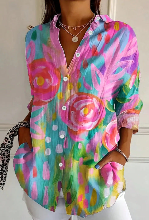 Women's Long-Sleeve Shirt with Print and Three-Dimensional Pattern Design