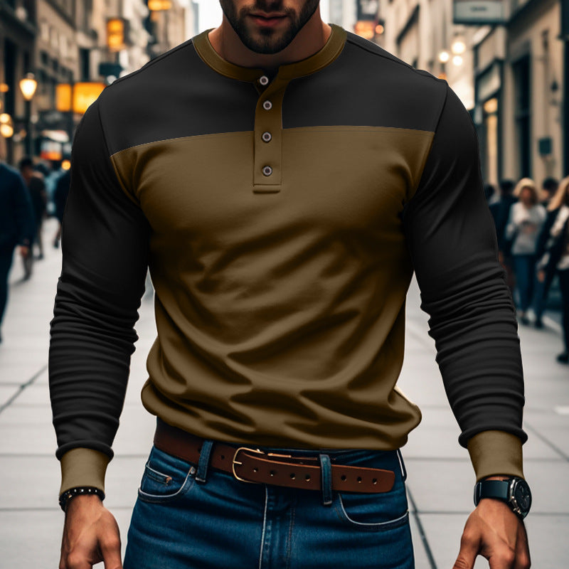 Herren Langarm-Henley-Shirt Color-Block – Baumwoll-Mix