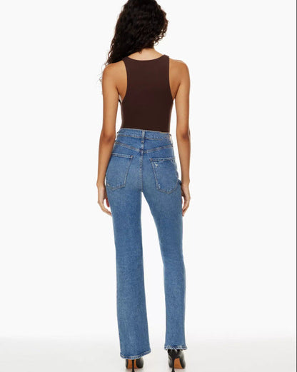Damen-Jeans mit hohem Bund, geradem Bein und Riss-Details aus Denim-Mix