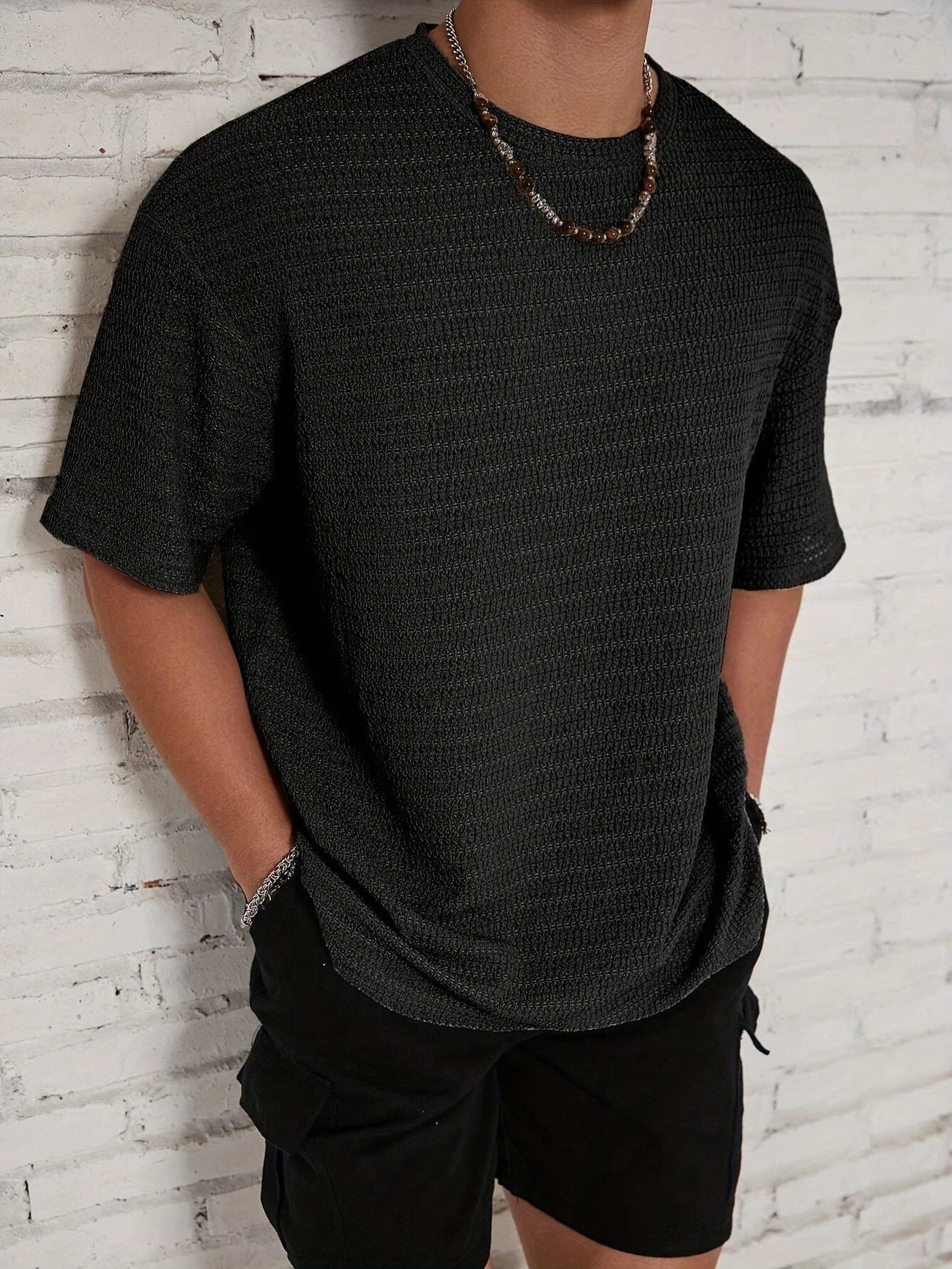 Herren Strick T-Shirt mit Struktur – Lockerer Schnitt Überschnittene Schultern