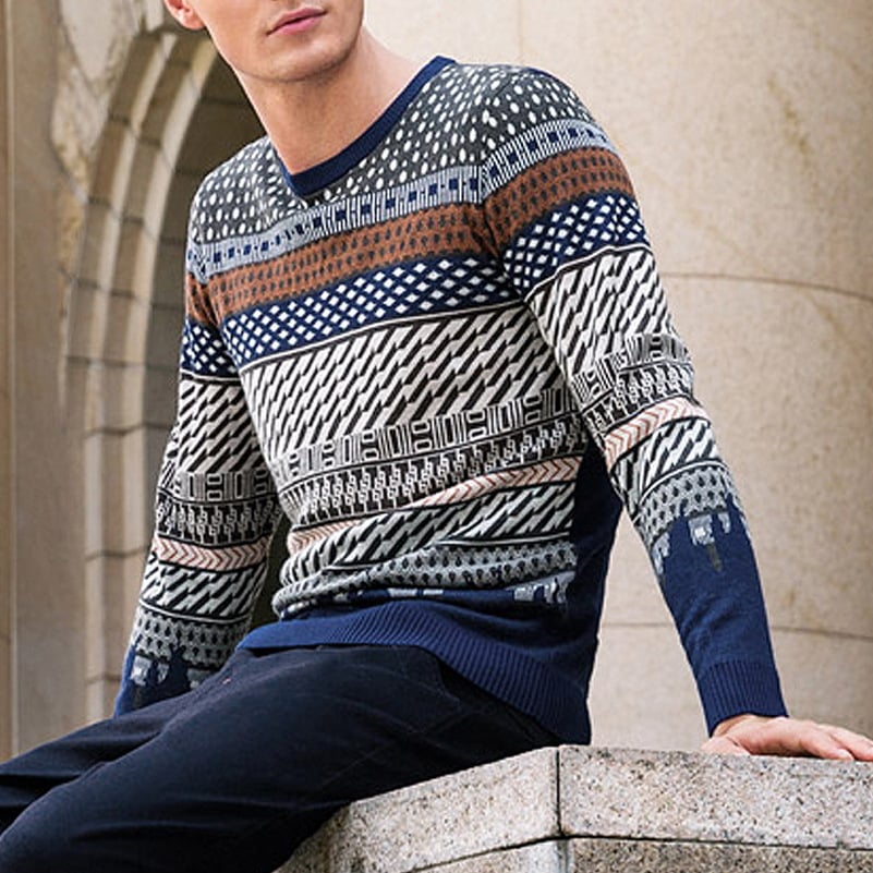 Men's Crew Neck Sweater Contrast Jacquard Long Sleeve – Cotton Blend