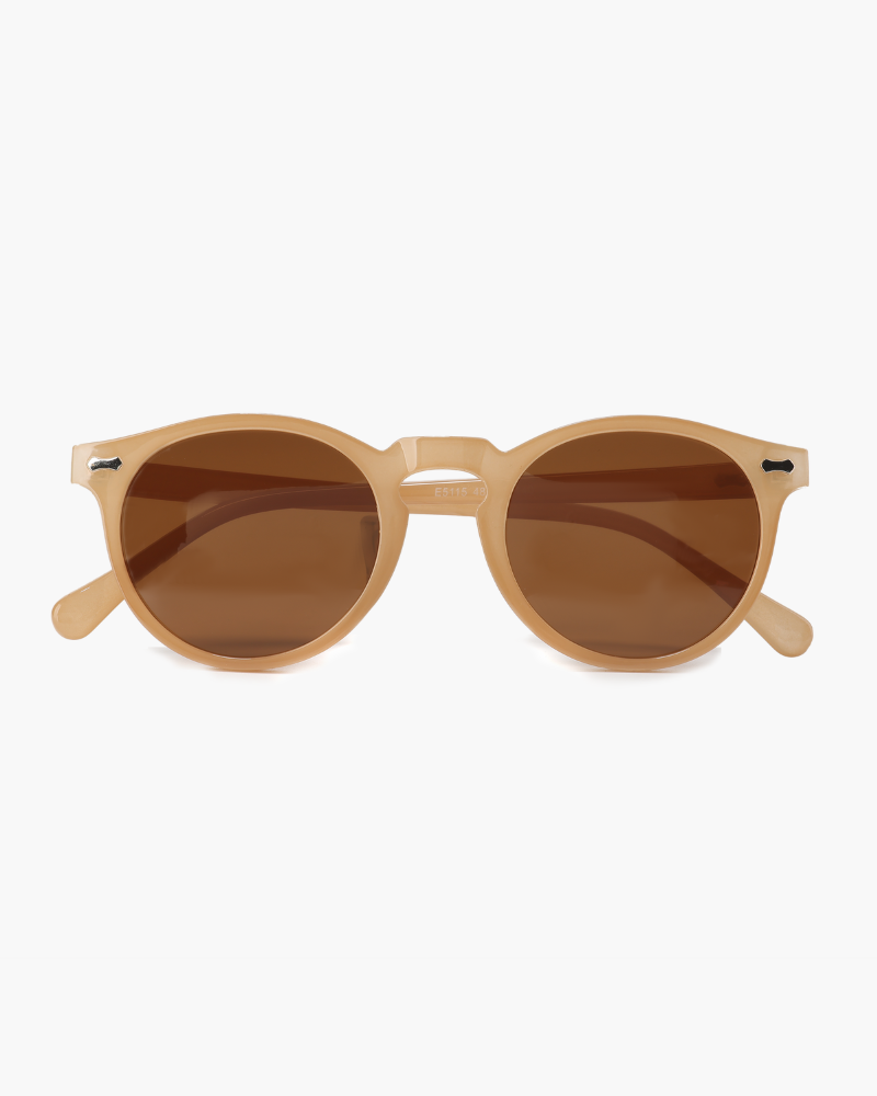 Beige Sonnenbrille mit runden Gläsern und braunen Tönungen, modisches Accessoire, UV-Schutz, ideal für Sommer und Freizeit.