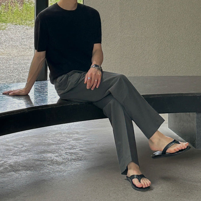 Men's casual pants with straight cut, mid-rise waist, solid color, loose fit, for everyday wear