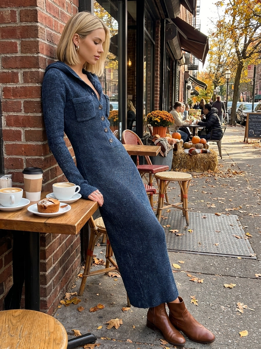 Damen Strick-Maxikleid mit Kapuze und langem Schnitt