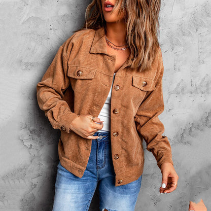 Women's corduroy shirt jacket with single-row button placket and long sleeves
