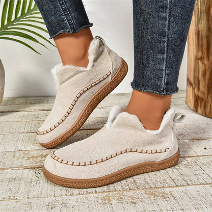 Damen Winter Stiefeletten mit V Ausschnitt und flacher Sohle – Leder Look