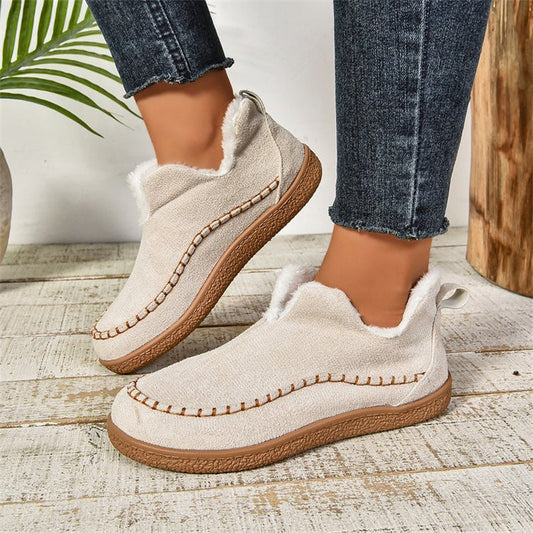 Damen Winter Stiefeletten mit V Ausschnitt und flacher Sohle – Leder Look