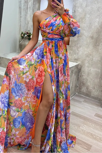 Damen Sommer Maxikleid One-Shoulder mit Blumendruck und Schlitz – Langarm Style