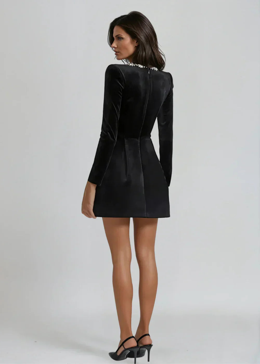 Women's Long Sleeve Velvet Mini Dress Square Neck Floral Details Flared Skirt – Evening and Party Wear