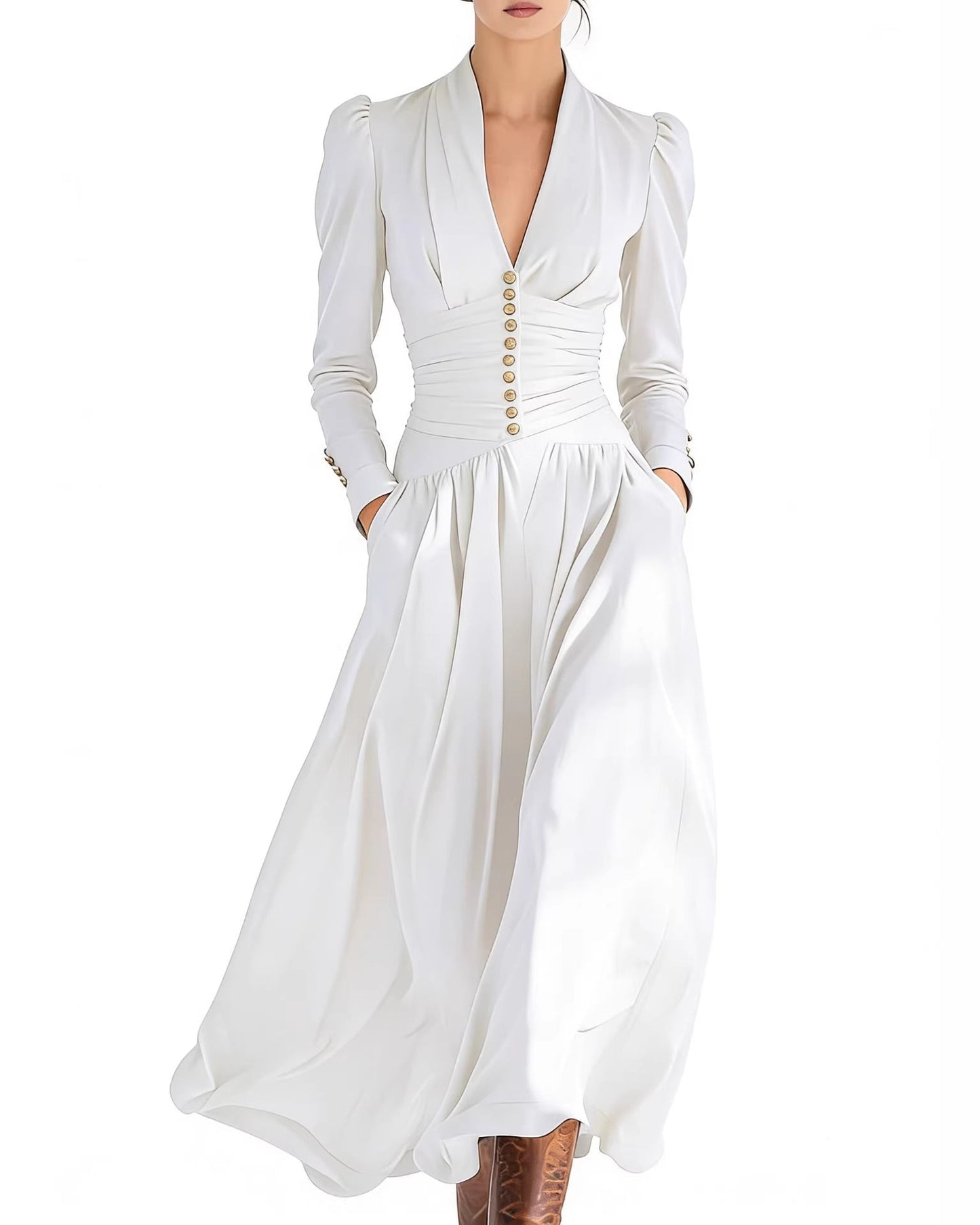 Damen Herbstkleid, Figurbetont, Hochtailliert, Plissiert, Mittellang, Einfarbig