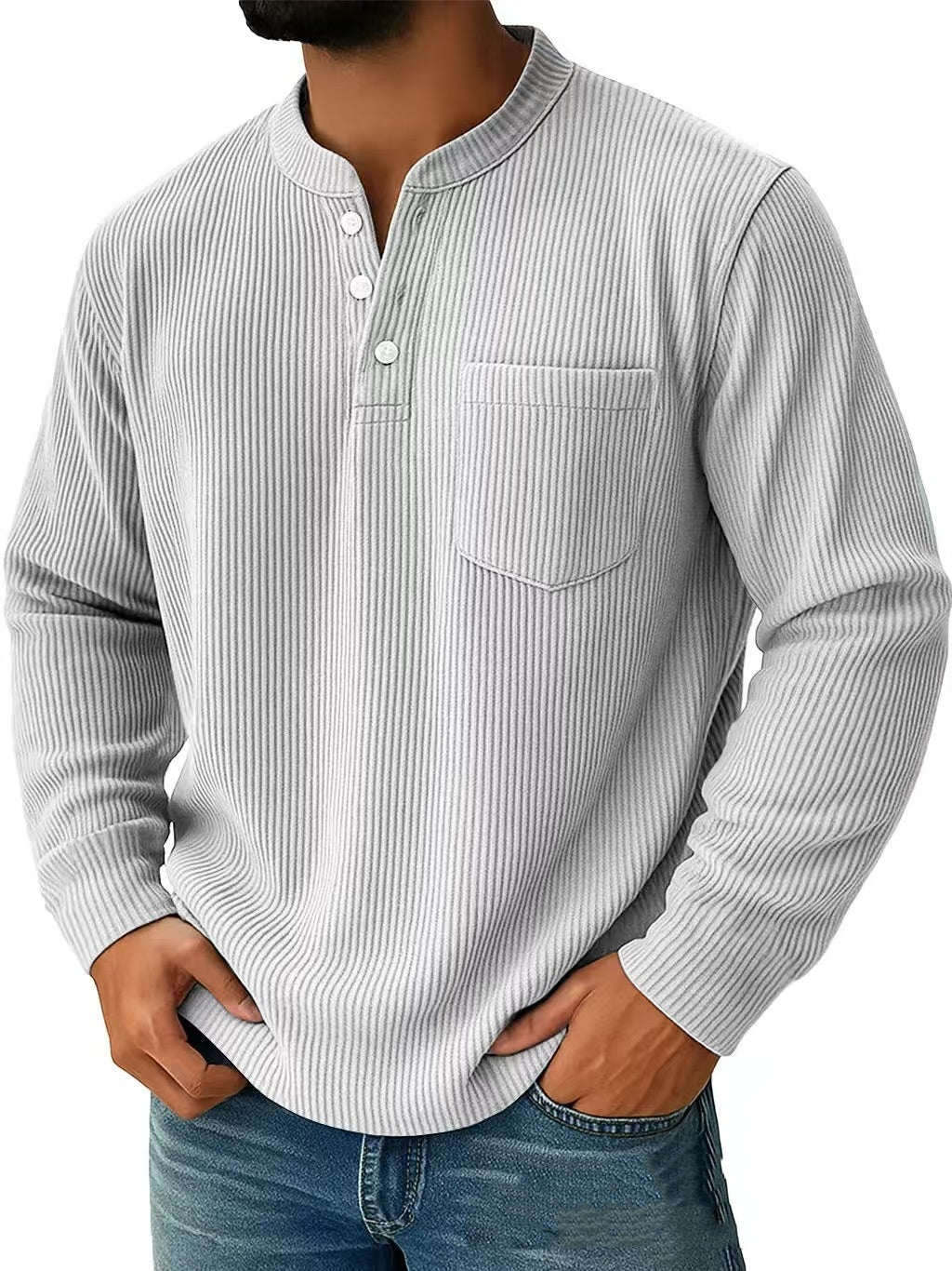 Herren Langarm Henley Shirt mit Drei Knopf Kragen – Strukturierte Oberfläche Normale Passform