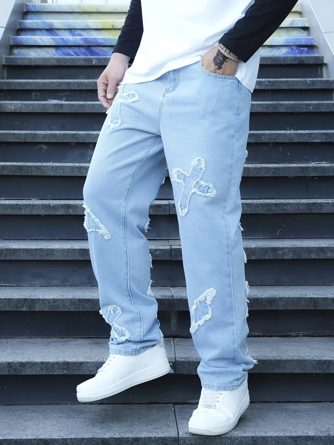 Herren Jeans mit Stickerei und lockerem Schnitt – Gerades Bein