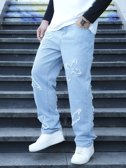 Herren Jeans mit Stickerei und lockerem Schnitt – Gerades Bein