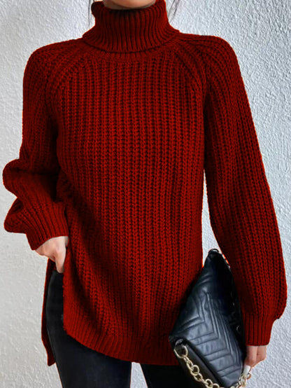 Women's Turtleneck Sweater with Raglan Sleeves and Slit Hem – Cotton Blend