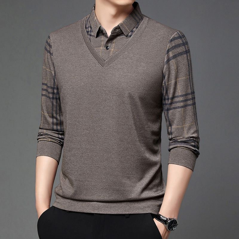 Men's Long Sleeve T-Shirt Fake Two-in-One Effect Notched Collar Striped – Cotton Blend