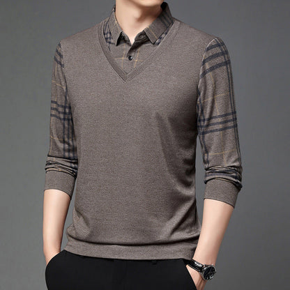 Men's Long Sleeve T-Shirt Fake Two-in-One Effect Notched Collar Striped – Cotton Blend