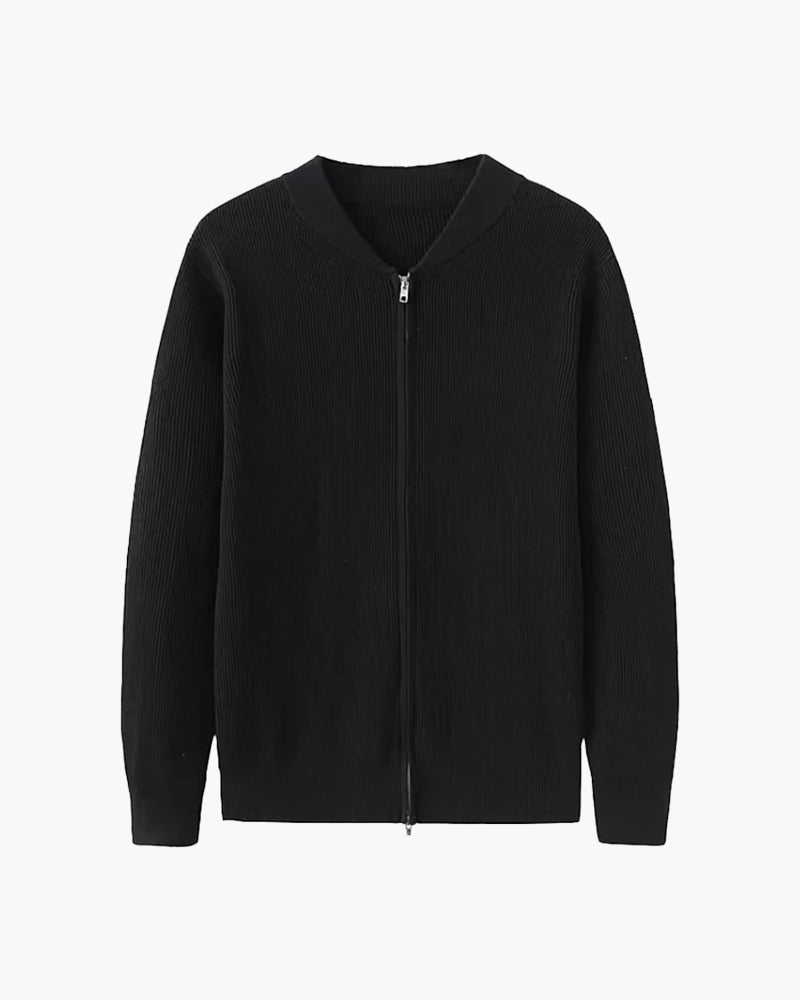 Schwarze Strickjacke mit Reißverschluss, langärmlig, aus Baumwolle. Modische Herrenbekleidung, ideal für Herbst und Winter.