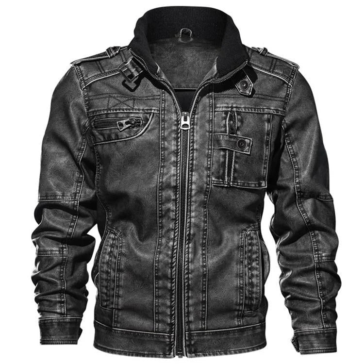 Schwarze Lederjacke für Herren mit Reißverschluss, mehreren Taschen und Stehkragen. Modische Bikerjacke, ideal für Herbst und Winter.