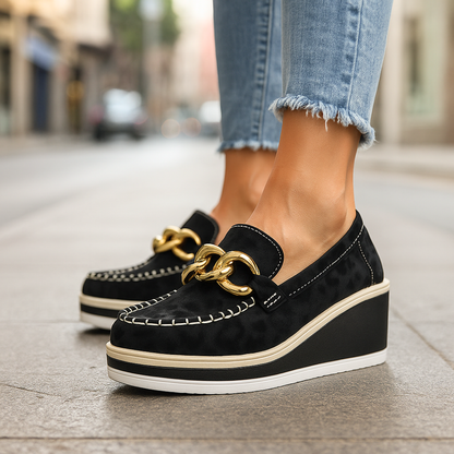 Women's Loafers Wedge Heel Orthopedic Padded Tone-on-Tone Leopard with Gold Details