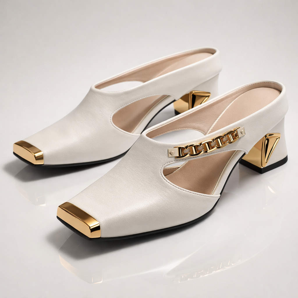 Damen-Mule-Heels mit eckiger Kappe, polierter Metallspitze und Blockabsatz