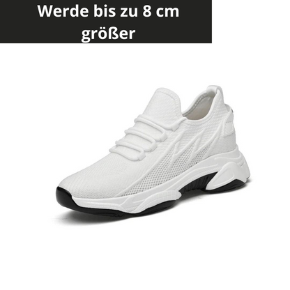 Weiße Sneaker mit erhöhter Sohle, die bis zu 8 cm größer machen. Modische, bequeme Schuhe für Herren, ideal für Alltag und Sport.