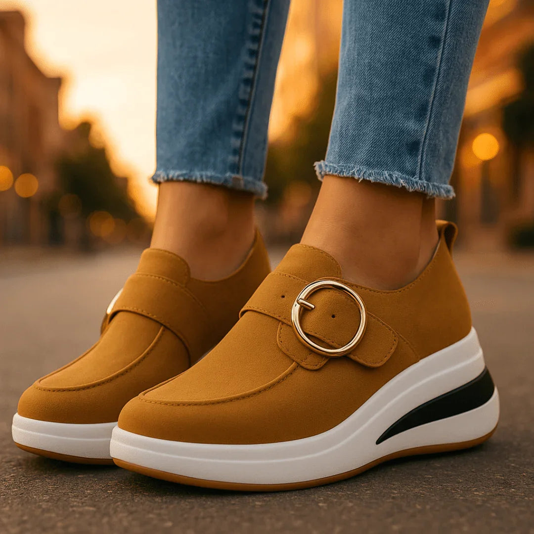 Damen Plateauschuhe Veganes Wildleder Gepolsterte Orthopädische Keilsohle Goldene Schnalle