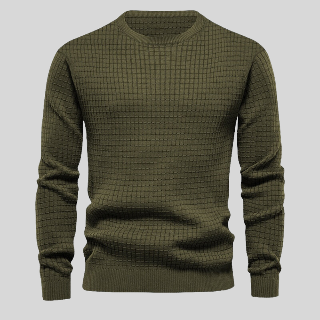 Grüner Herrenpullover mit Karomuster, Langarm, Rundhalsausschnitt, gestrickt, modisch, bequem, ideal für Herbst- und Wintermode.