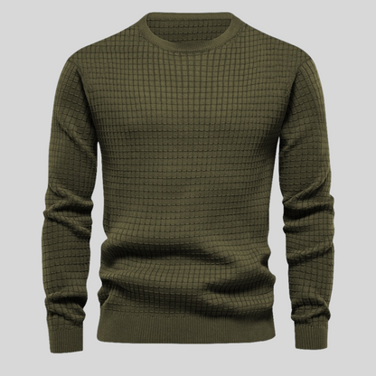 Grüner Herrenpullover mit Karomuster, Langarm, Rundhalsausschnitt, gestrickt, modisch, bequem, ideal für Herbst- und Wintermode.