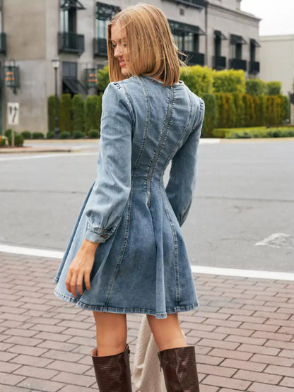 Damen Minikleid im Denim Stil – Fit and Flare Rundhalsausschnitt