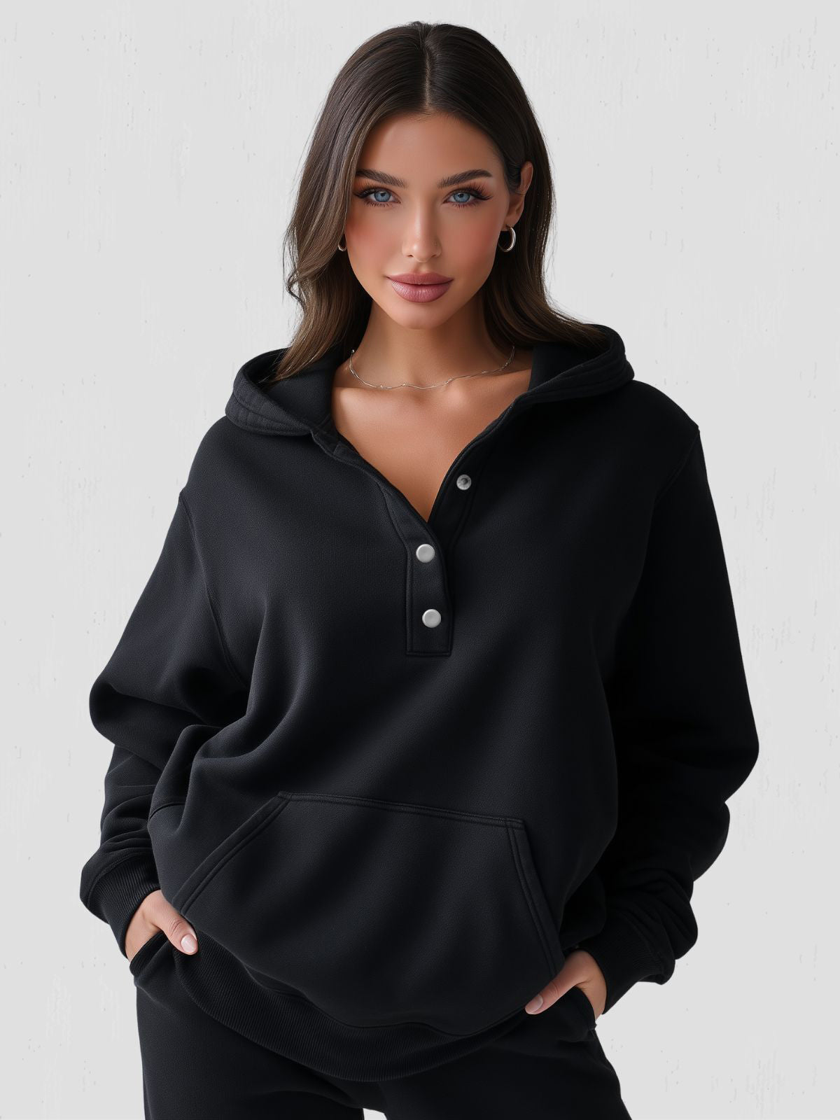 Women's Oversized Hoodie with Quarter Button Placket, Long Sleeves, Hood, Loose Fit