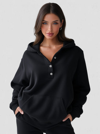 Women's Oversized Hoodie with Quarter Button Placket, Long Sleeves, Hood, Loose Fit