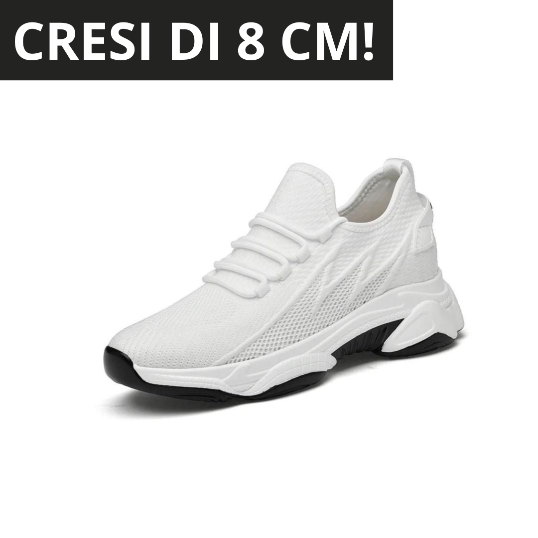 Weiße Sneaker mit dicker Sohle, die um 8 cm erhöht. Modischer Sportschuh für Herren, ideal für Komfort und Stil.
