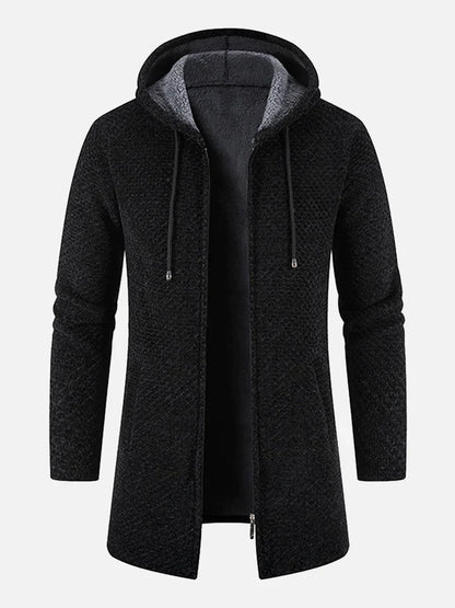 Schwarzer Herrenmantel mit Kapuze, Reißverschluss und Kordelzug. Modischer Wintermantel, warmes Fleece-Innenfutter, ideal für kalte Tage.