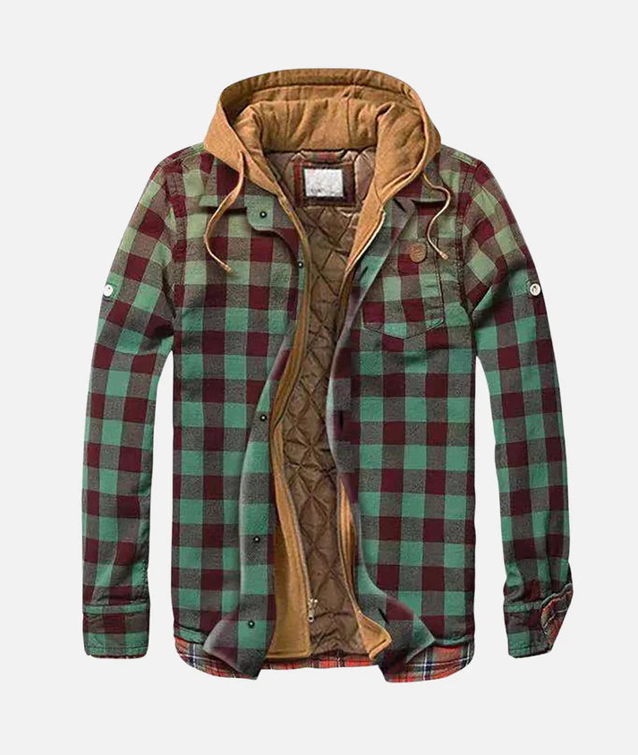 Grün-rot kariertes Flanellhemd mit Kapuze und gestepptem Innenfutter, Herrenmode, warmes Winterhemd, Outdoor-Bekleidung.