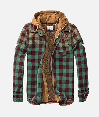 Grün-rot kariertes Flanellhemd mit Kapuze und gestepptem Innenfutter, Herrenmode, warmes Winterhemd, Outdoor-Bekleidung.