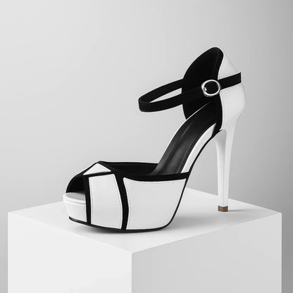 Women's platform stiletto heels with ankle strap and geometric panel design