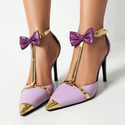 Women's high heels with pointed toe, T-strap, and golden accents