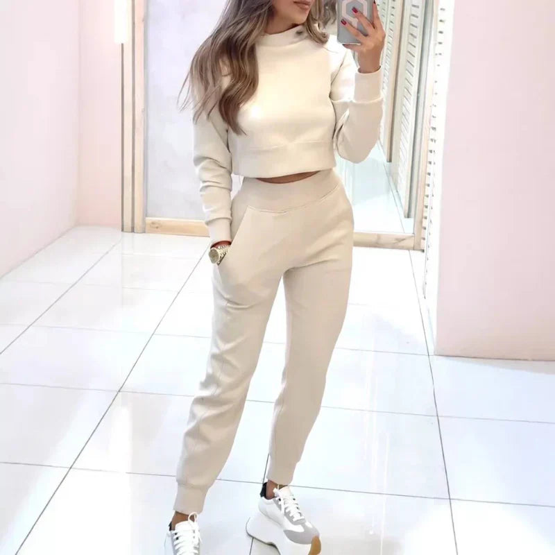 Damen Zweiteiliges Set Mit Cropped Pullover Und Hose Mit Elastischem Bund