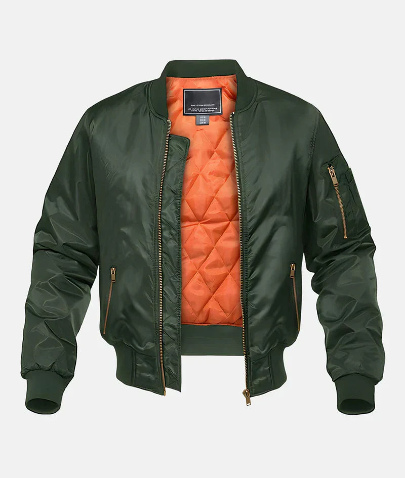 Grüne Bomberjacke mit orangefarbenem Innenfutter, Reißverschlusstaschen und Rippbündchen. Modische Herrenjacke, ideal für Herbst und Winter.