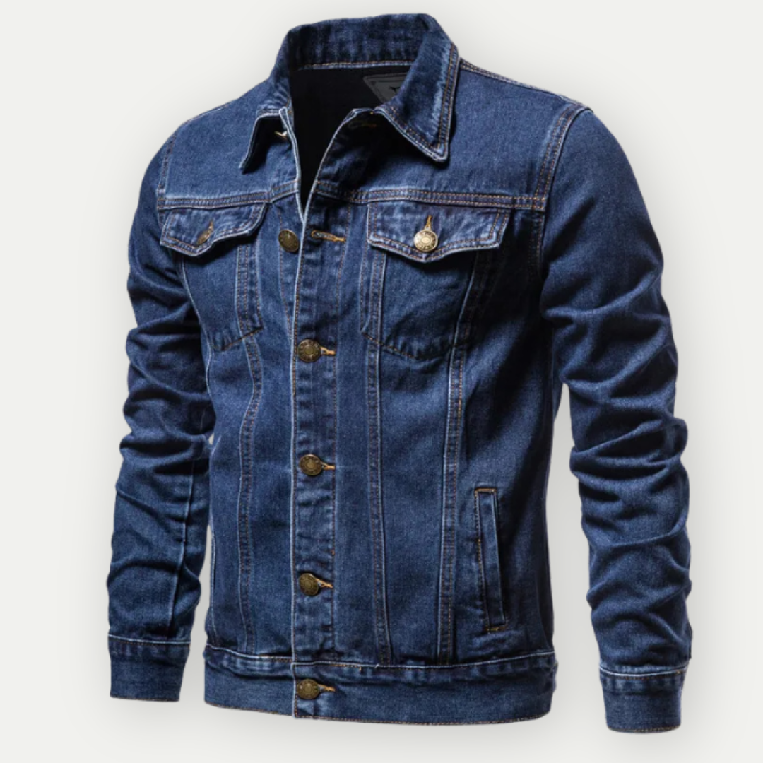 Dunkelblaue Jeansjacke für Herren, klassisches Design mit Knopfleiste, Brusttaschen und Kragen. Modische Herrenbekleidung, zeitloser Denim-Look.