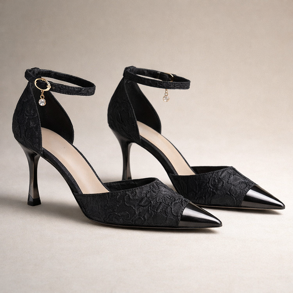 Women's pumps with pointed toe, metal toe cap, and stiletto heel