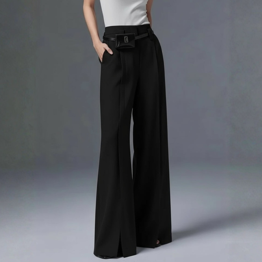 Damen High Waist Hose mit Weitem Bein und Gürteltäschchen